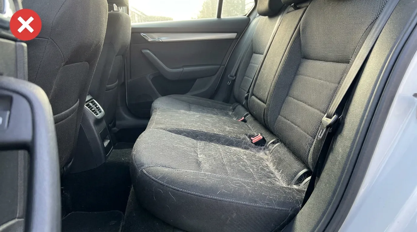Car seat before using the Puravetta mitt, covered in pet hair