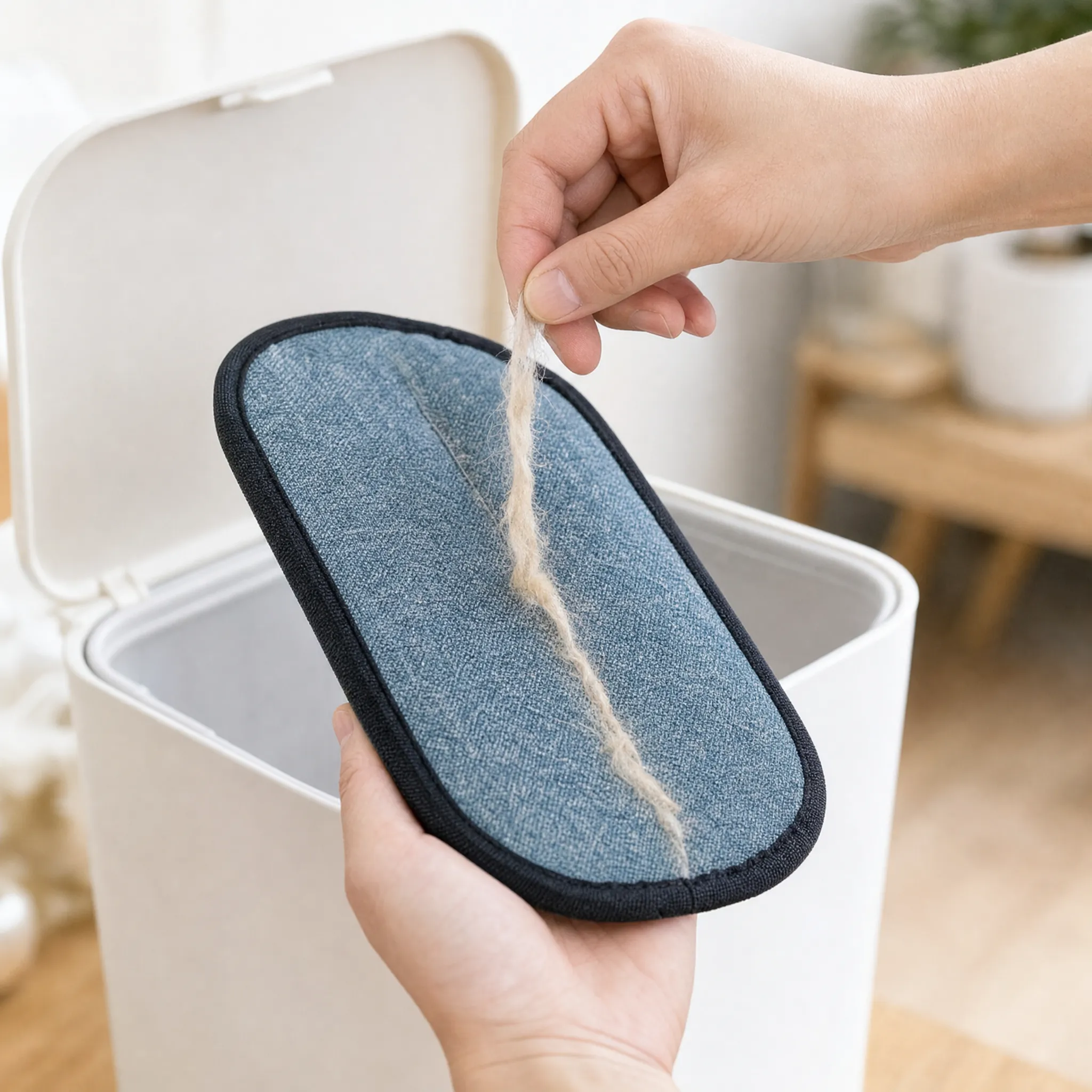 Clump of hair being pulled off the mitt over a trash can