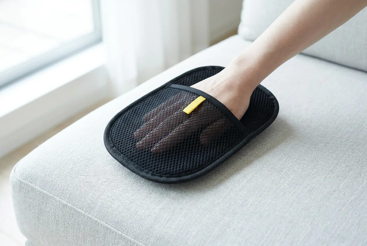 Hand sliding into the mitt's mesh pocket