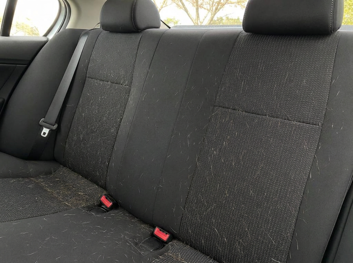 Car seat before using the Puravetta mitt — covered in pet hair