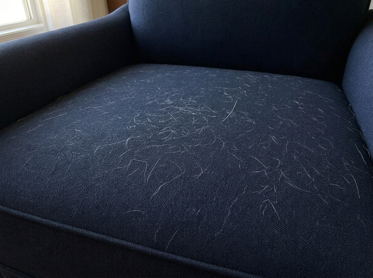 Armchair before using the Puravetta mitt — covered in pet hair