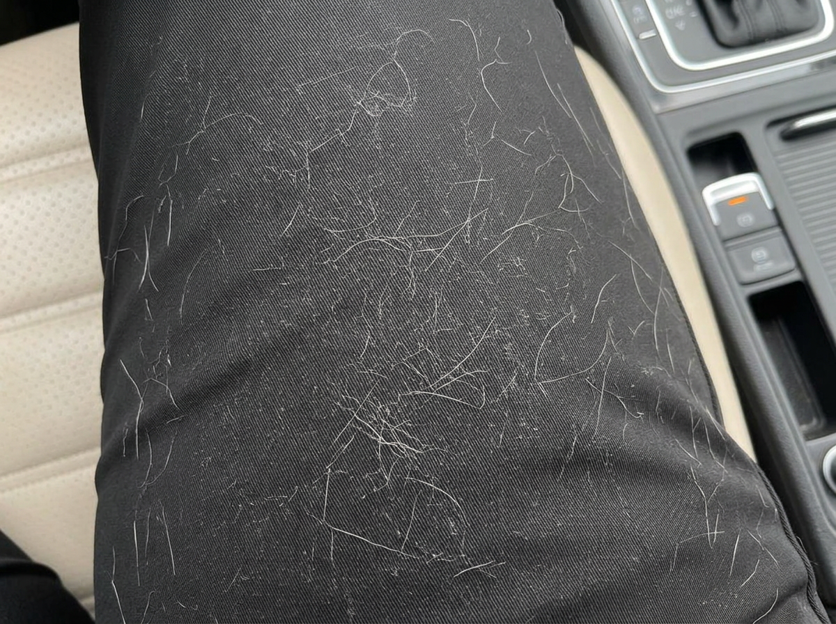 Black trousers before using the Puravetta mitt — covered in pet hair