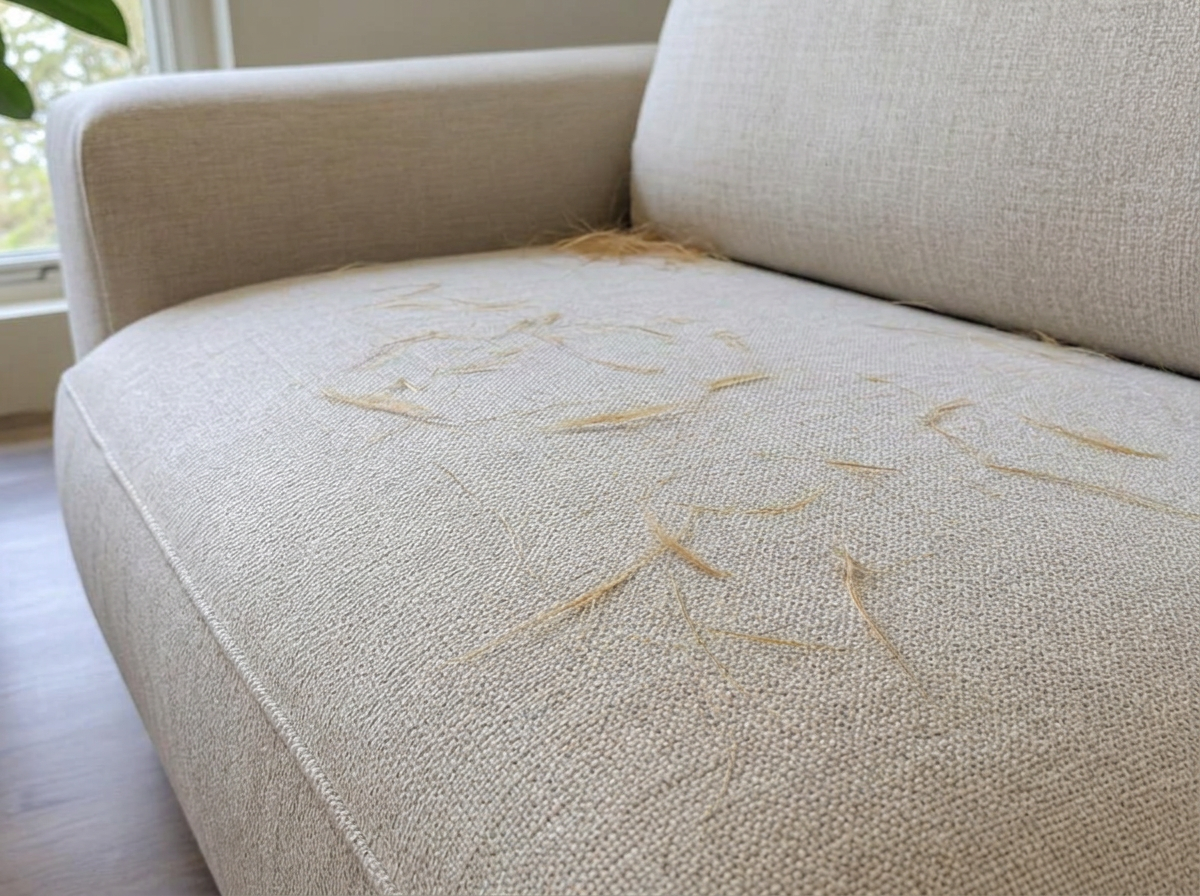 Sofa cushion before using the Puravetta mitt — covered in pet hair