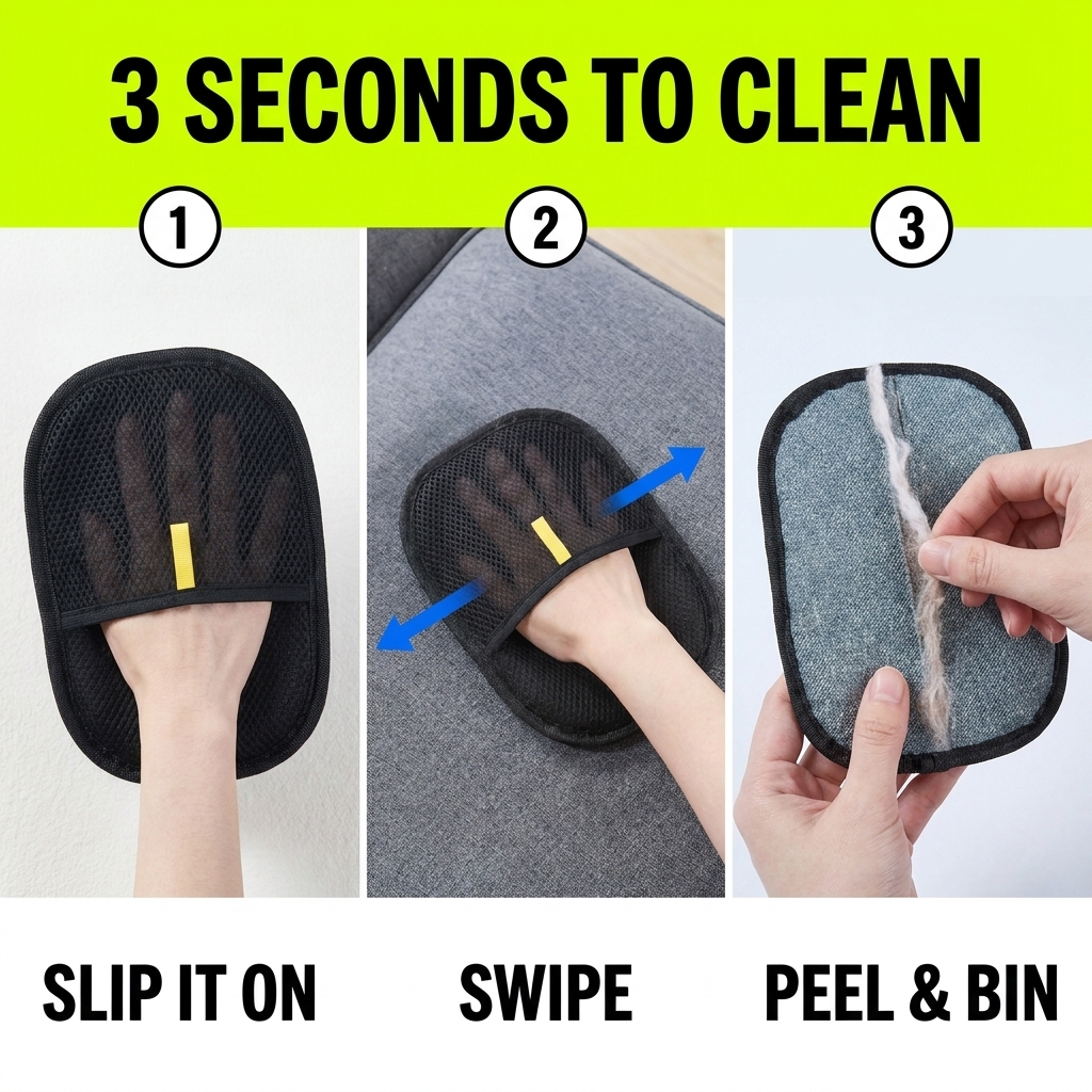 How to use in 3 seconds — slip on, swipe, pick the hair off